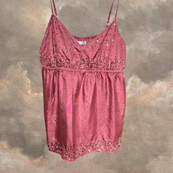 Old Navy Tops - Old Navy Y2K Cami XS Pink 100% Silk Sequin Beaded Trim Spaghetti Strap Coquette